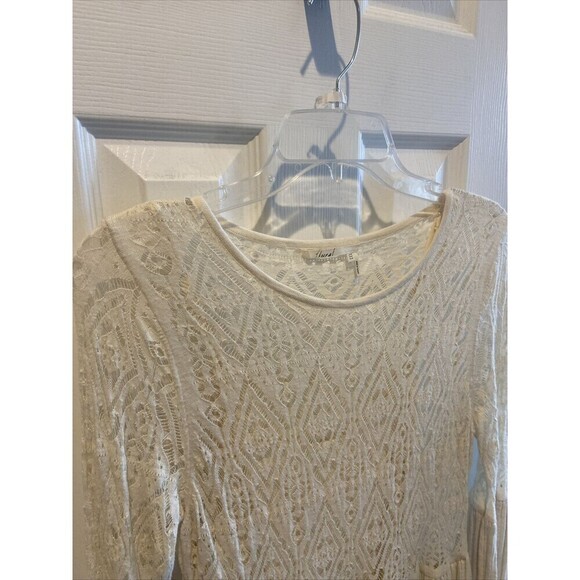 Floreat Dress Womens Medium Petite Ivory Lace Bell Sleeve Pleated Knit Midi - Picture 5 of 15